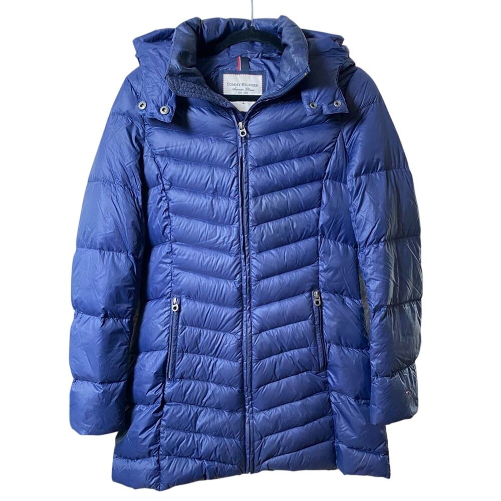 Tommy Hilfiger Women's Duck Down Puffer Coat Size XS Blue Packable Hooded Jacket